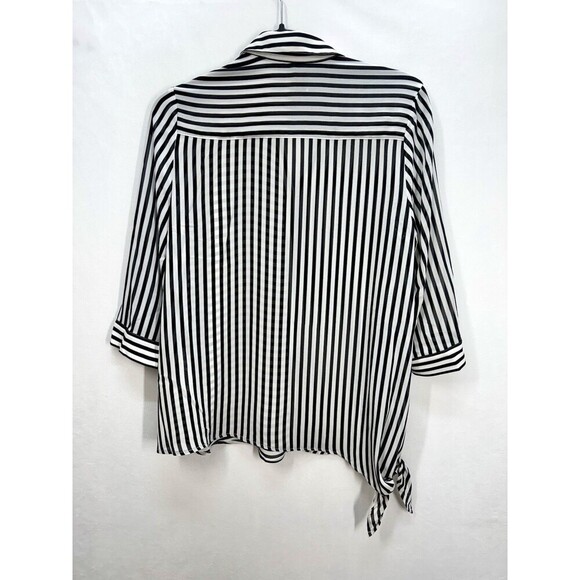 Chicos Semi Sheer Button Top Womens 0/Small Black White Stripe Side Tie 3/4 Slv - Picture 3 of 13